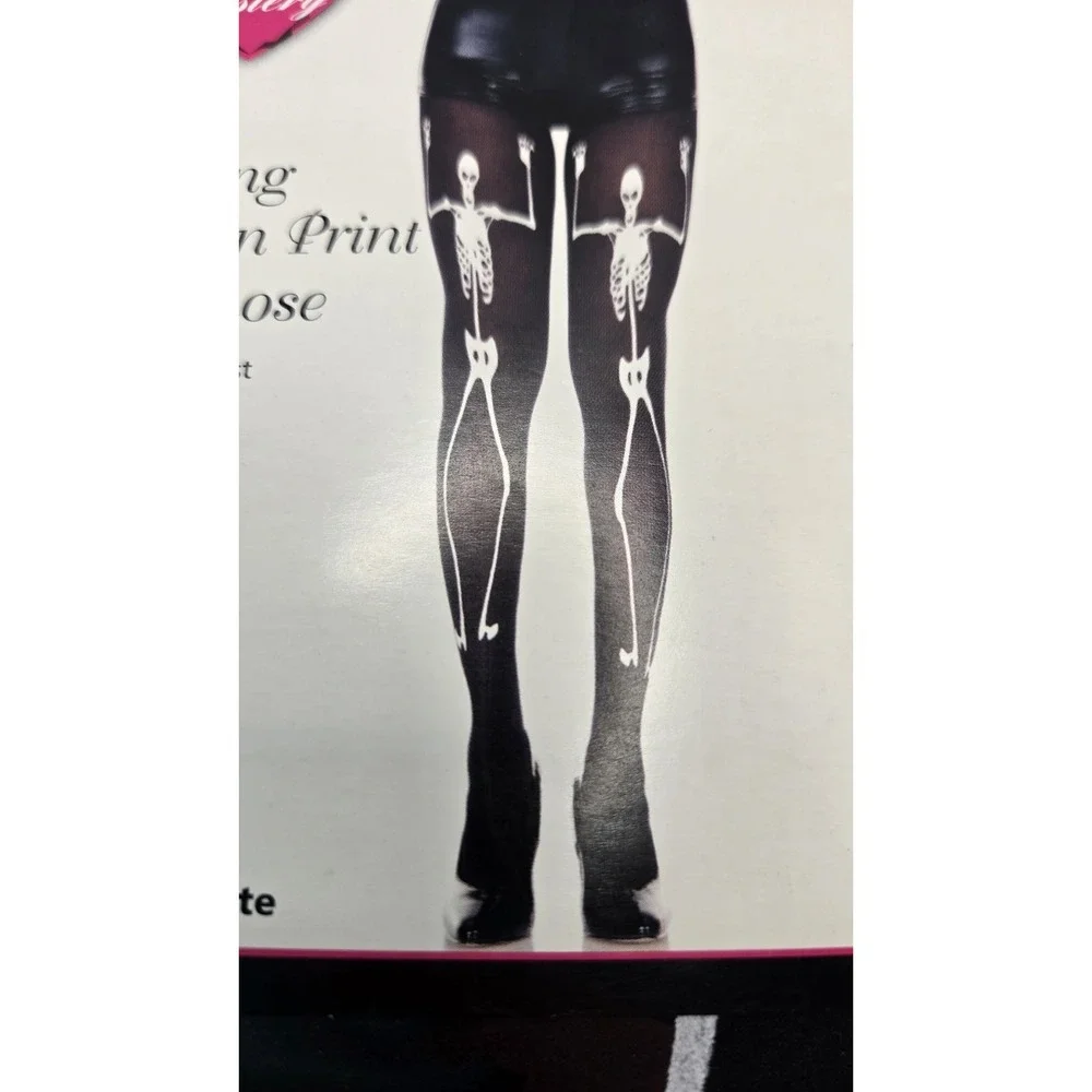 Music Legs Dancing Skeleton Print Pantyhose Black White Halloween Goth OS